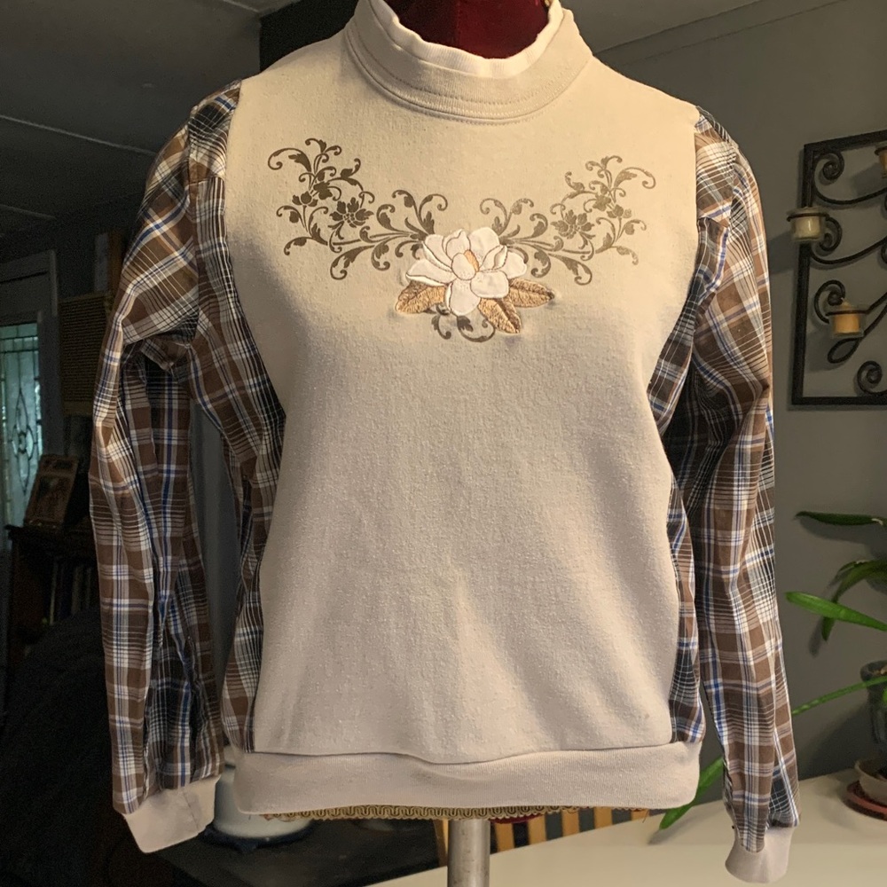 Upcycled Floral Embroidered Sweatshirt with Plaid Sleeves.